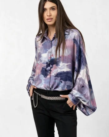 Camasa din satin oversize, cu maneci bufante si imprimeu pictural lila mov