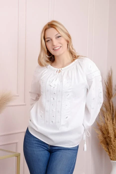 Bluza tip ie alba cu motiv floral alb Lidia 02