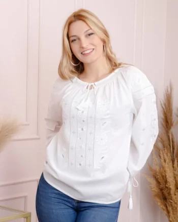 Bluza tip ie alba cu motiv floral alb Lidia 02