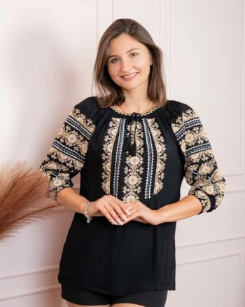Bluza tip ie neagra cu motiv floral crem Brigita 05
