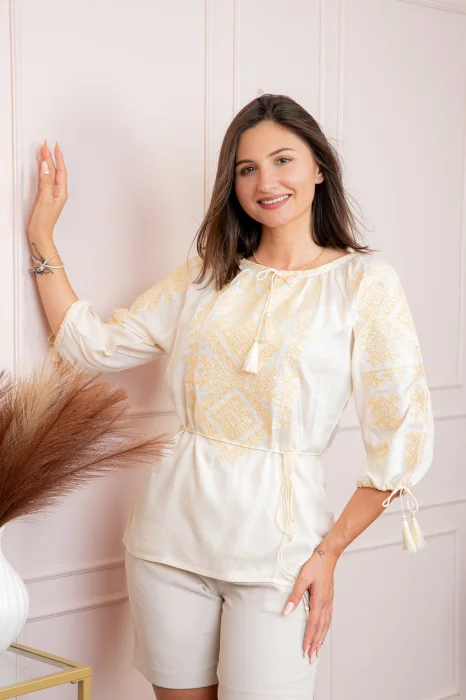 Bluza tip ie crem cu motiv geometric auriu Ana