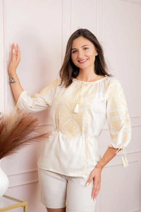 Bluza tip ie crem cu motiv geometric auriu Ana