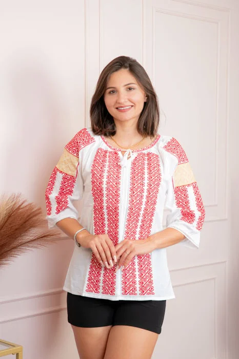 Bluza tip ie alba cu motiv geometric rosu Dora 02