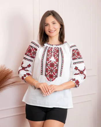 Bluza tip ie alba cu motiv floral rosu Petronela 07