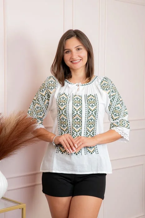Bluza tip ie alba cu motiv geometric verde Ina 07