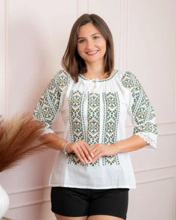 Bluza tip ie alba cu motiv geometric verde Ina 07