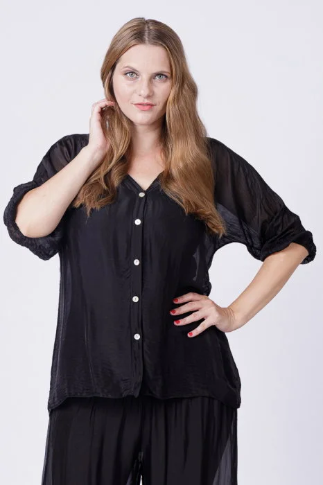Bluza tip camasa din matase si vascoza neagra, cu elastic la maneci si dublura