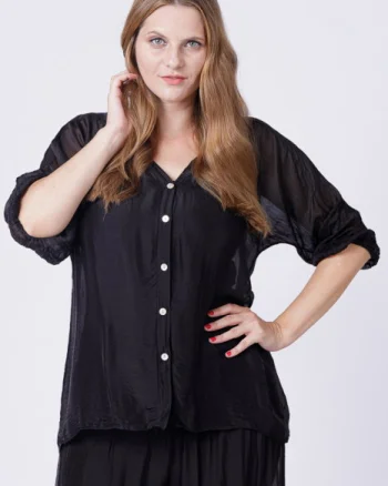 Bluza tip camasa din matase si vascoza neagra, cu elastic la maneci si dublura