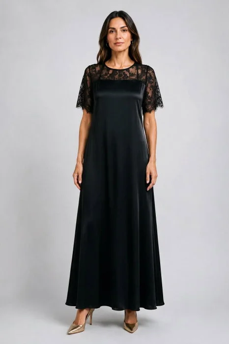 Rochie maxi A-line din satin matase si vascoza, insertii din dantela si croi fluid, neagra