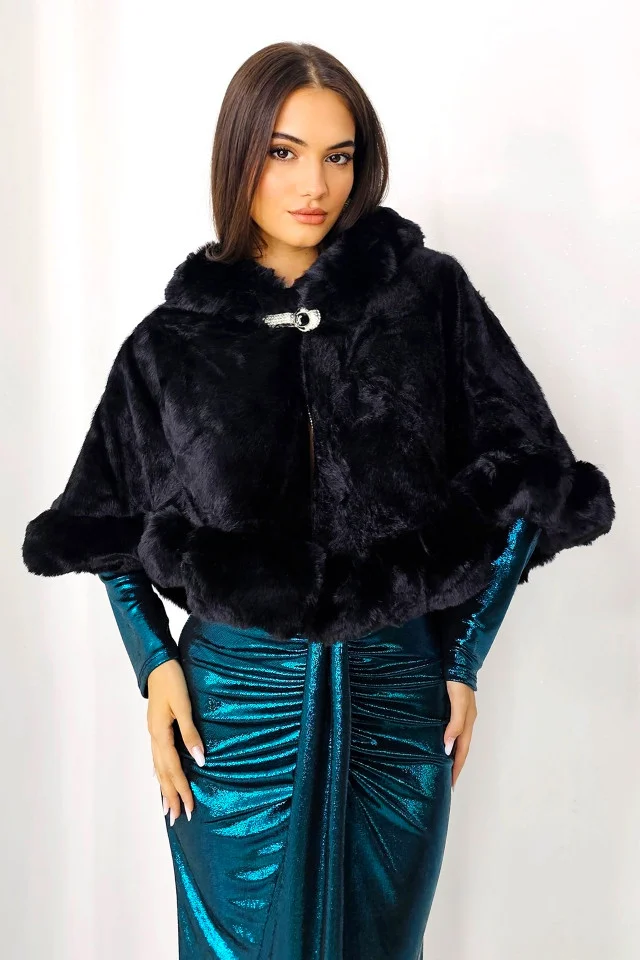 Bolero tip capa Leya, din blana ecologica, cu prindere in gaica, Negru, Marime OneSize