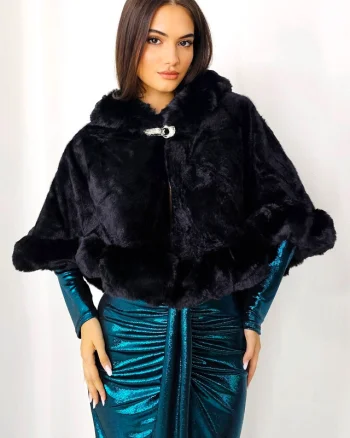 Bolero tip capa Leya, din blana ecologica, cu prindere in gaica, Negru, Marime OneSize