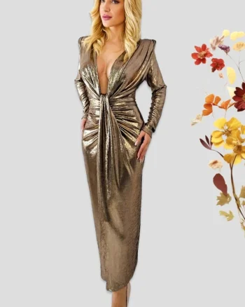 Rochie de ocazie Julietta, cu falduri si crapatura pe picior, Bronz Metalizat, Marime S/M