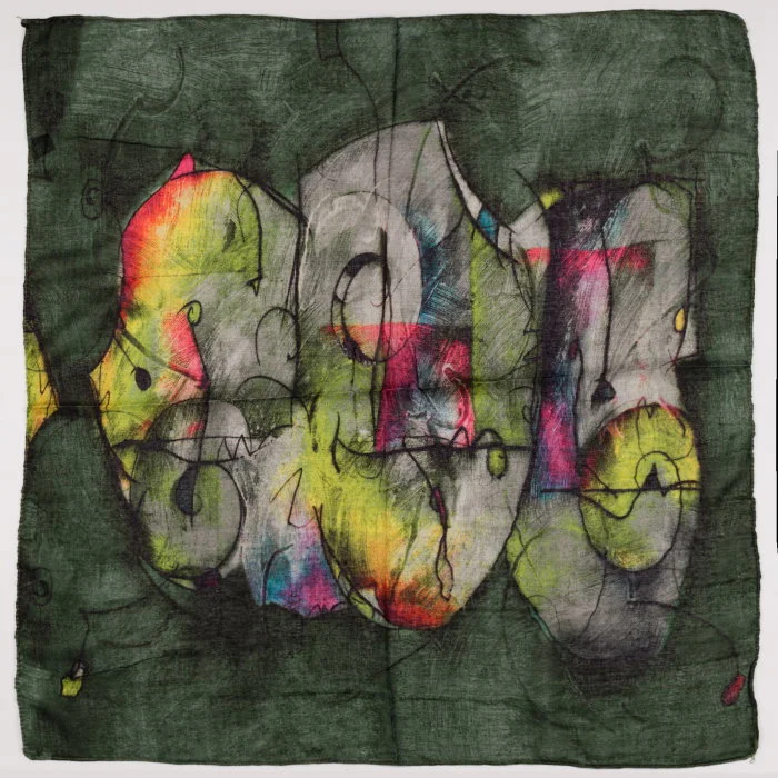 Esarfa tip batic din bumbac, cu imprimeu grafic abstract pe fond verde inchis