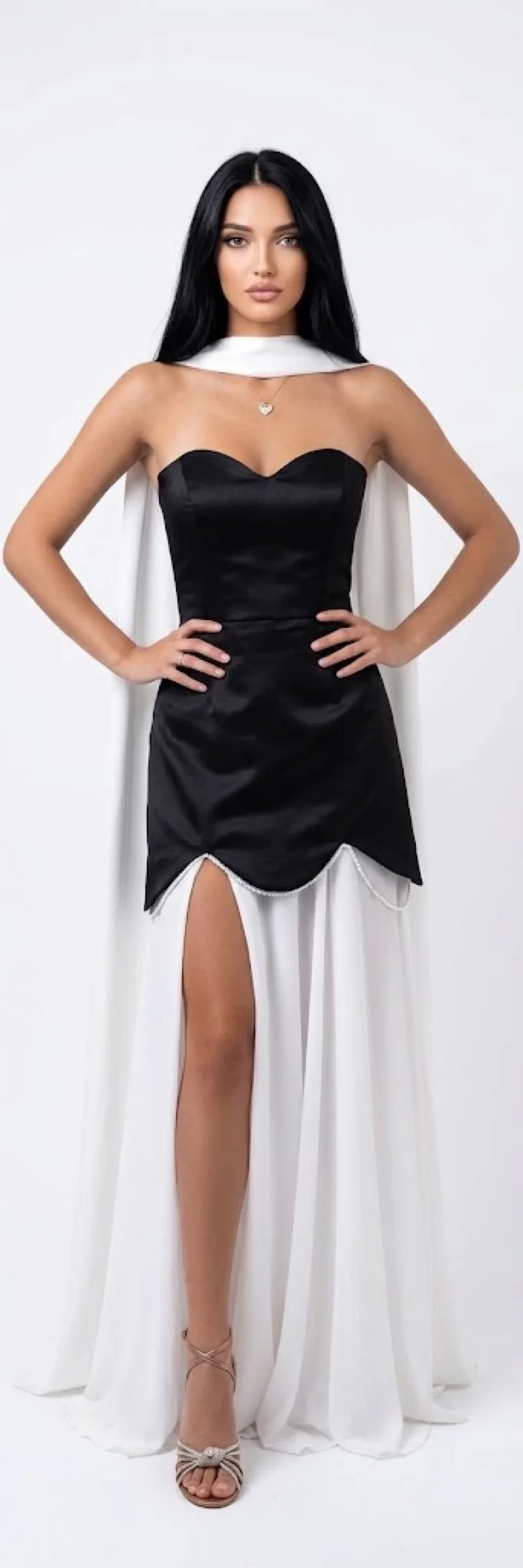 Rochie de seara black&white cu corset satinat si sal fluid