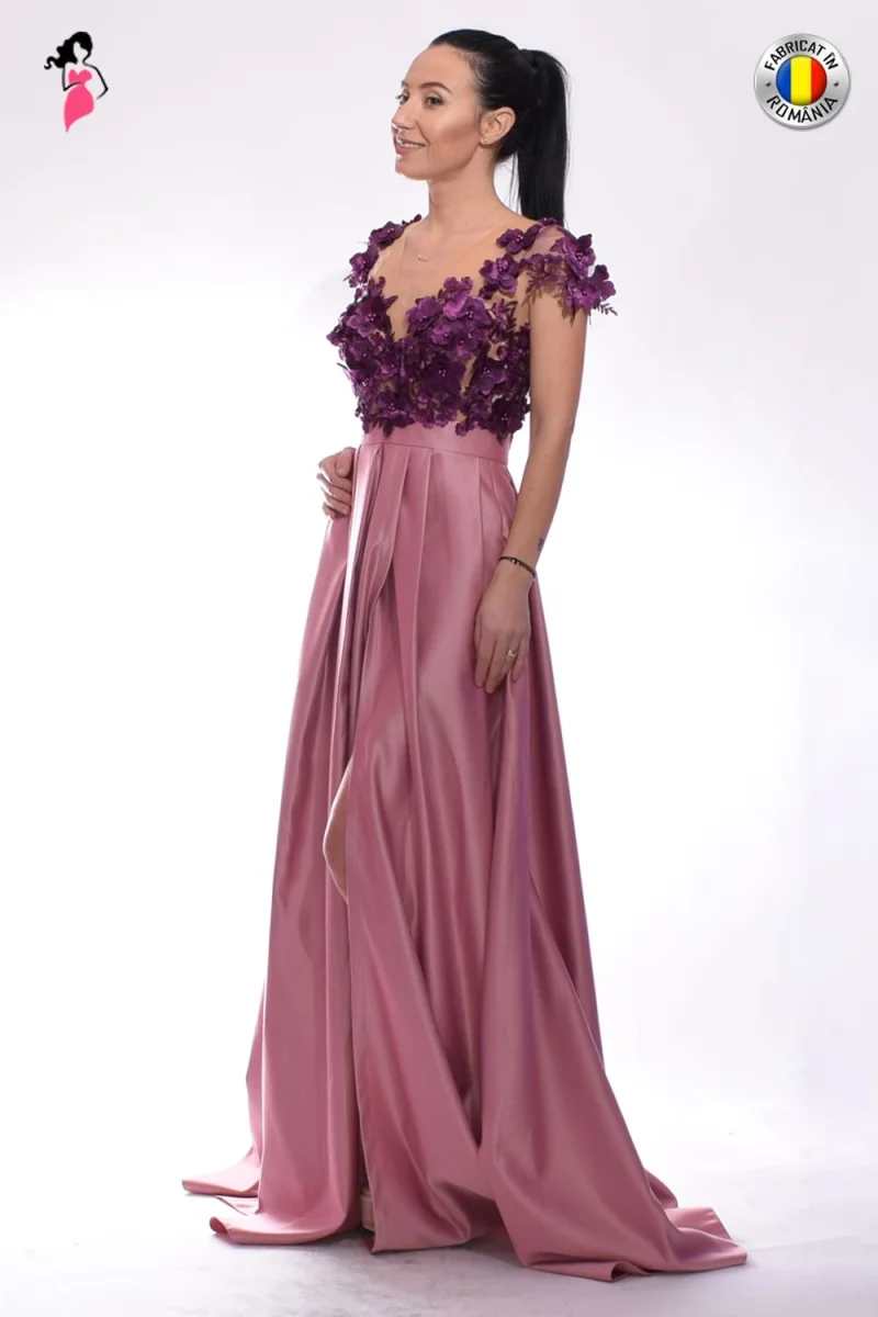 Rochie de seara lunga din tafta cu flori 3D