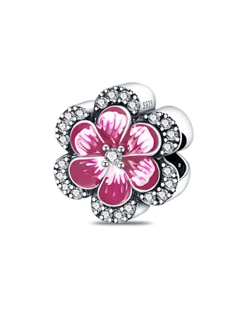 Charm/talisman argint 925, JW1122, model floare alb/roz, placat cu rodiu