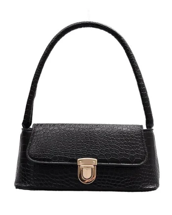 Geanta dama tip baguette,Isoria GT3980, textura crocodil, Neagra