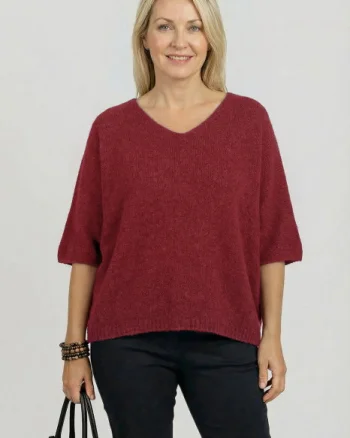 Pulover pufos cu alpaca, oversize cu maneca fluture, bordo