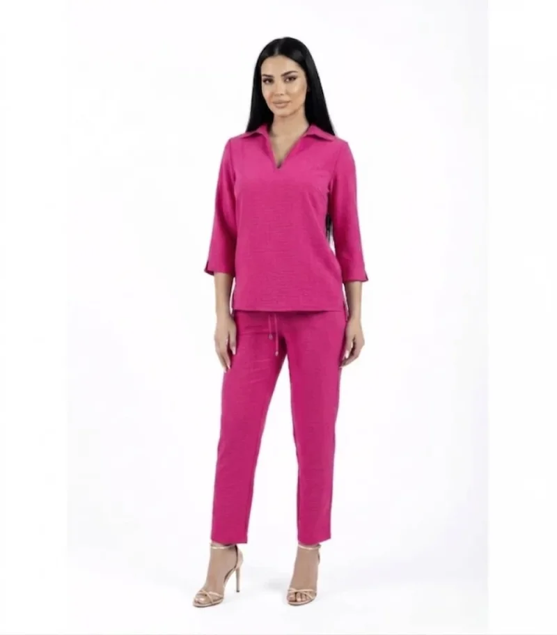 Pantaloni casual fucsia din vascoza cu buzunare laterale si snur reglabil