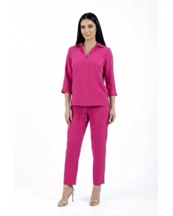 Pantaloni casual fucsia din vascoza cu buzunare laterale si snur reglabil