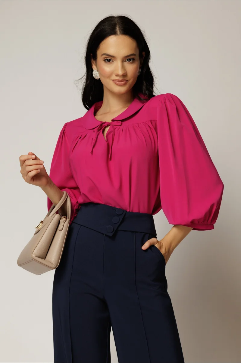 Bluza magenta cu guler rotund si snur la gat
