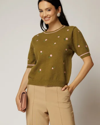 Bluza kaki din tricot cu flori roz tricotate