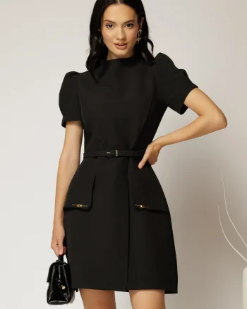 Rochie DY Fashion scurta neagra cu aplicatii pe capace si decolteu rotund