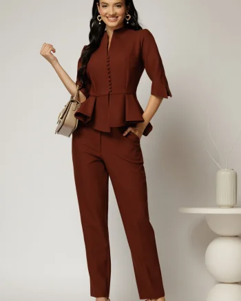 Compleu DY Fashion caramiziu cu sacou cu peplum si inchidere cu nasturi
