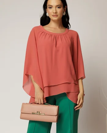 Bluza caramizie din voal cu volane suprapuse