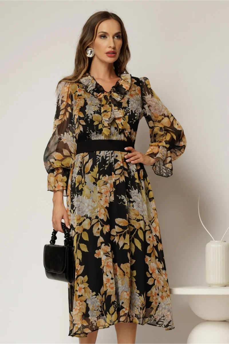 Rochie midi neagra din voal cu imprimeuri bej si funda la decolteu