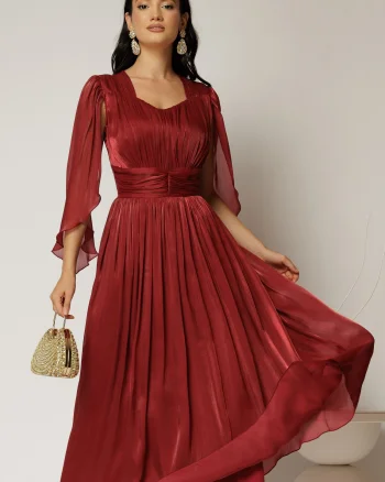 Rochie midi Scarlet bordo din voal peliculizat cu maneci ample si deolteu V