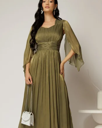 Rochie midi Scarlet verde oliv din voal peliculizat cu maneci ample si deolteu V