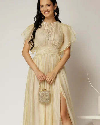 Rochie DY Fashion bej din voal creponat si insertii de dantela la bust