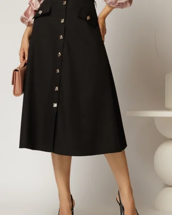 Fusta DY Fashion neagra midi clos cu nasturi si capace