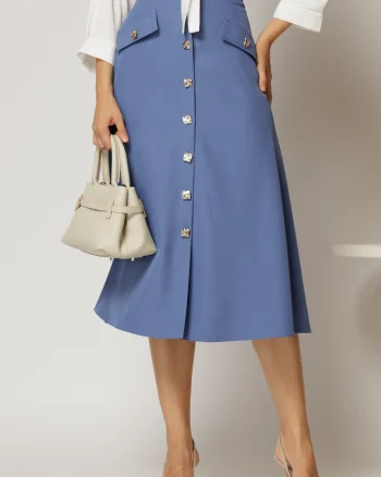 Fusta DY Fashion albastra midi clos cu nasturi si capace