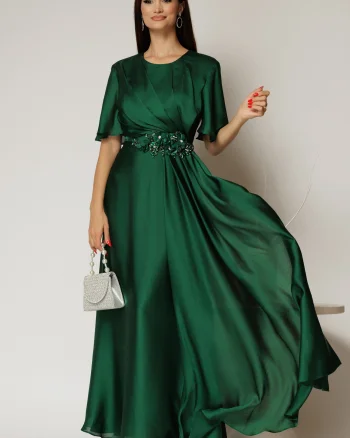 Rochie lunga verde de seara din voal cu accesoriu in talie