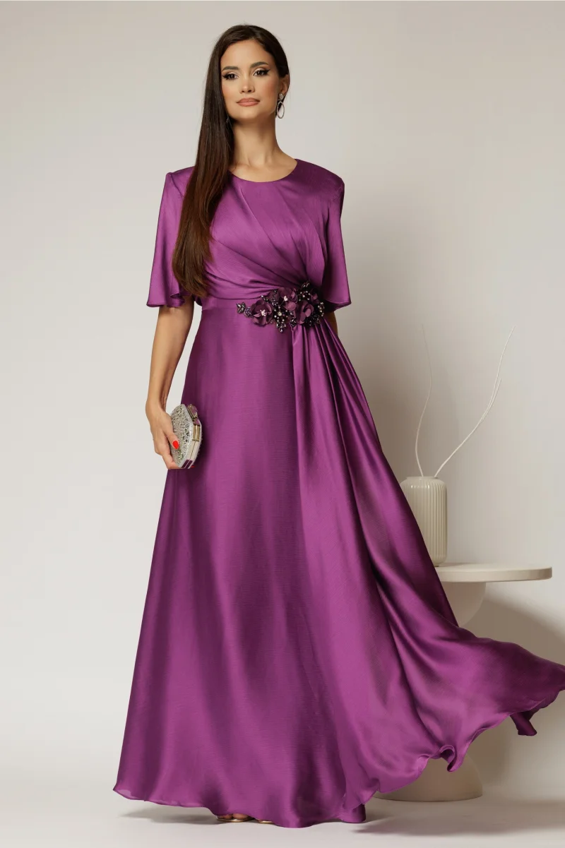 Rochie lunga mov de seara din voal cu accesoriu in talie