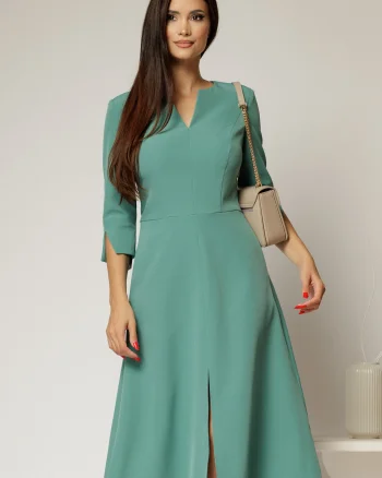 Rochie midi verde turcoaz de zi cu decolteu V si croi clos