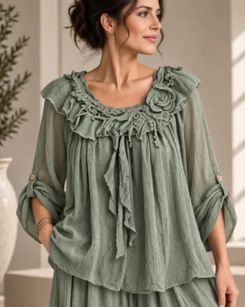Bluza din matase si vascoza cu volan si dantela aplicata, verde salvie usor prespalat