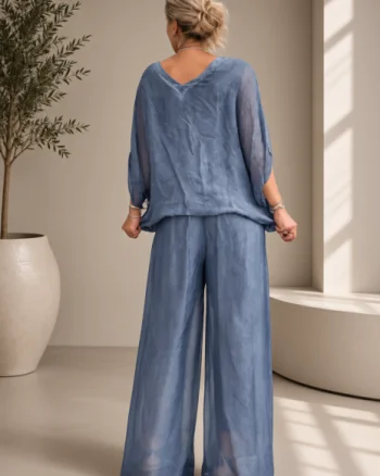 Pantaloni dama eleganti, largi, din matase si vascoza cu dublura, albastru jeans usor prespalata