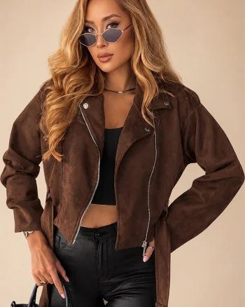Jacheta dama ARIADNE, cu aspect de piele intoarsa, Maro Ciocolata, Marime S/M