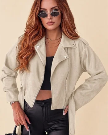 Jacheta dama ARIADNE, cu aspect de piele intoarsa, Alb prafuit, Marime S/M