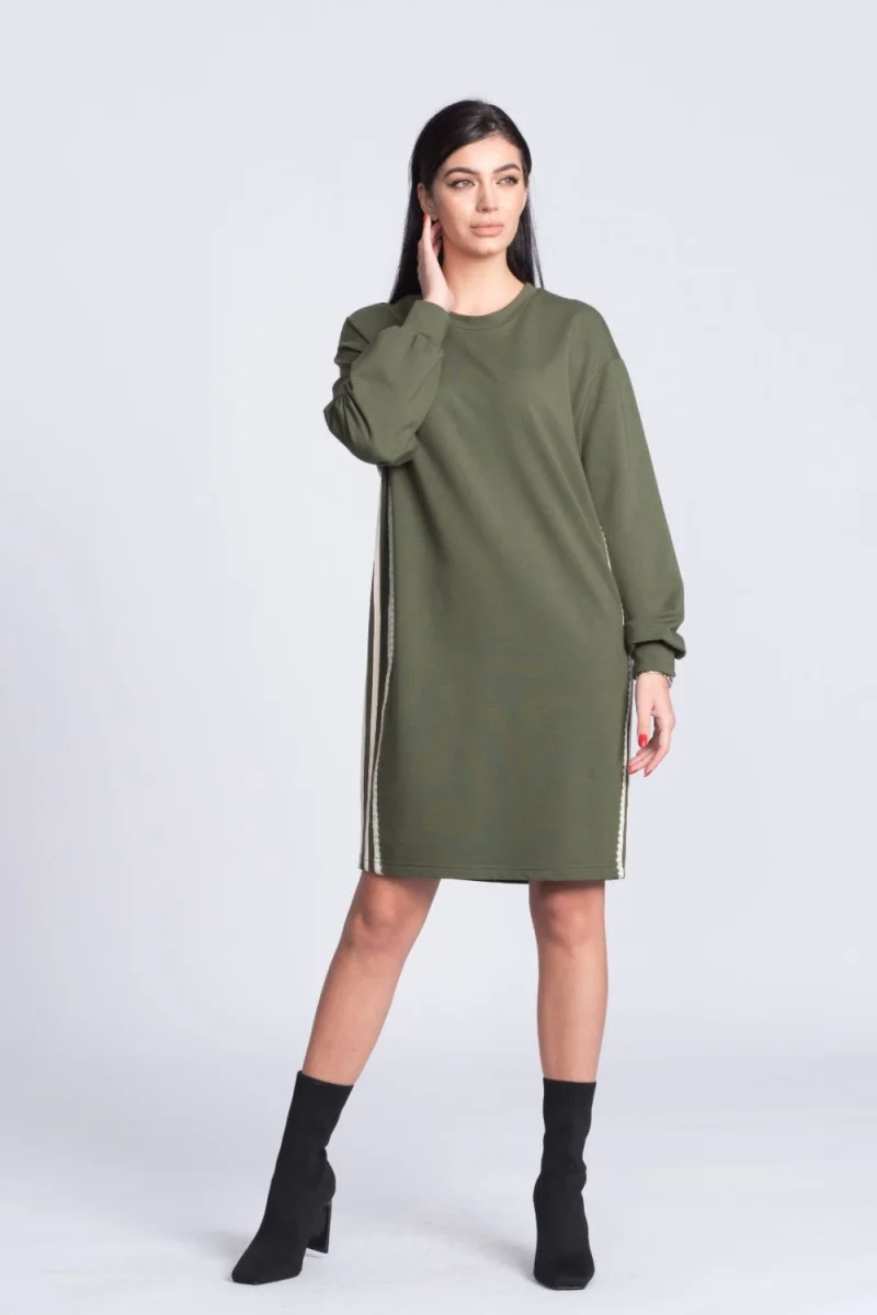 Rochie Xara casual kaki prevazuta cu benzi decorative pe lateral