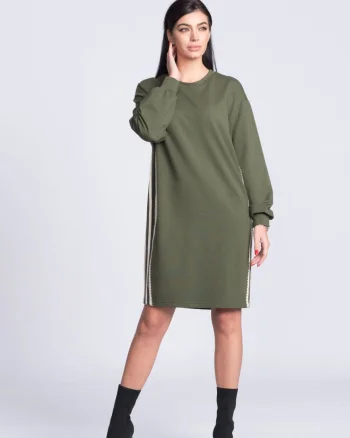 Rochie Xara casual kaki prevazuta cu benzi decorative pe lateral
