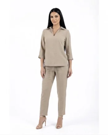Pantalon casual bej din vascoza cu buzunare laterale si snur reglabil