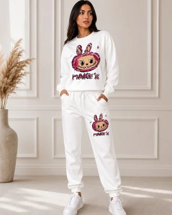 Compleu sport Bubelle, cu imprimeu grafic si pantaloni jogger, ALB