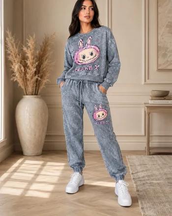 Compleu sport Bubelle, cu imprimeu grafic si pantaloni jogger, GRI
