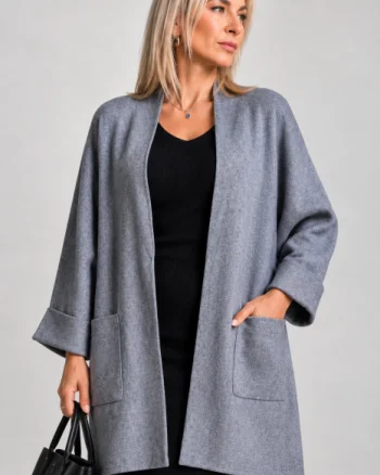 Cardigan lung oversize din vascoza, cu buzunare aplicate si croi amplu, gri