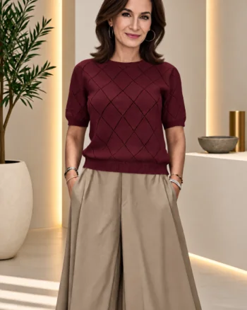 Pulover dama cu maneca scurta si model ajurat geometric, bordo