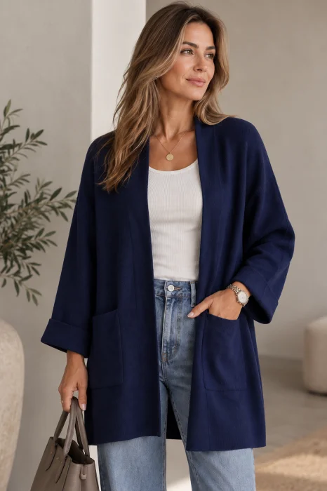 Cardigan lung oversize din vascoza, cu buzunare aplicate si croi amplu, bleumarin